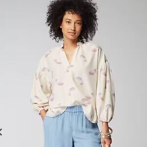 J. Jill Cream Paisley Swirl 3/4 Sleeve Oversized Split Neck Top XL New